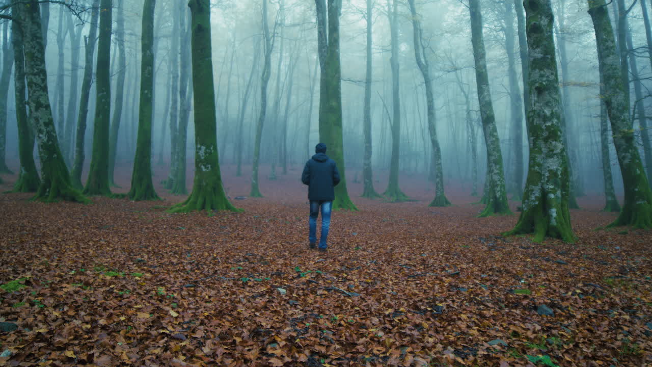 Sadness of an old man walking in a foggy mountain on a carpet of autumn leaves