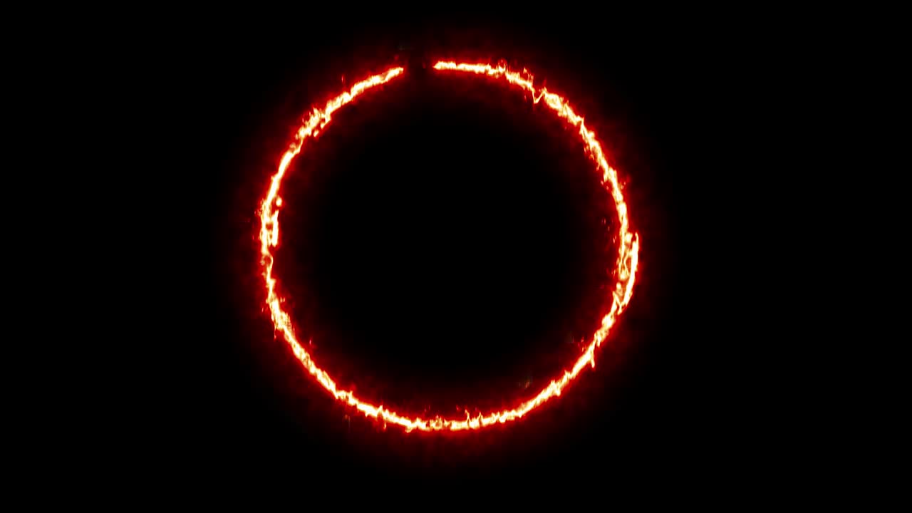 검은 바탕에 빨간색과 파란색의 불의 반지, 얼음과 불이 타는 원.