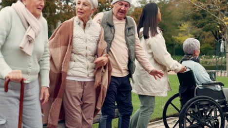 caregiver, relax and senior people in park