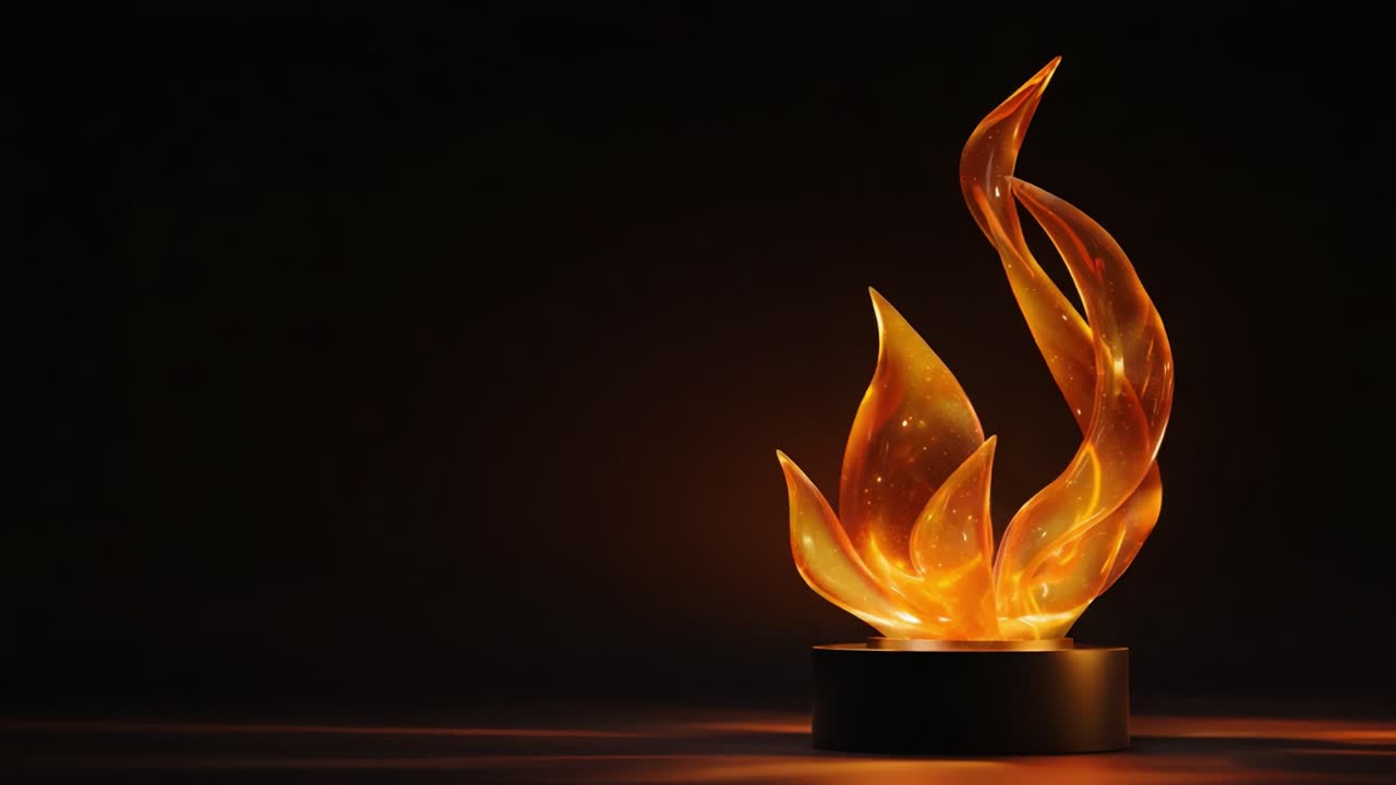 Golden abstract flame sculpture rotating against a dark background, with intricate details and a warm, glowing light creating a mesmerizing and elegant artistic display of light and shadow