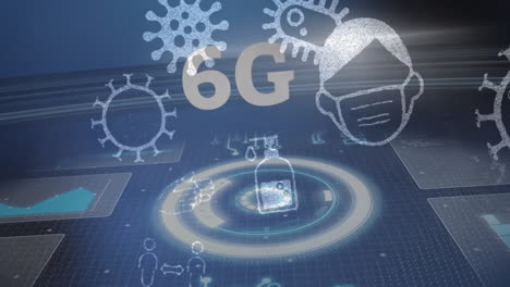 iconos de concepto de covid-19 y texto de 6g sobre escáner redondo y procesamiento de datos en fondo azul