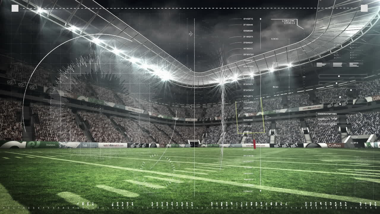 Animation of scanner and processing data over grass pitch at sports stadium