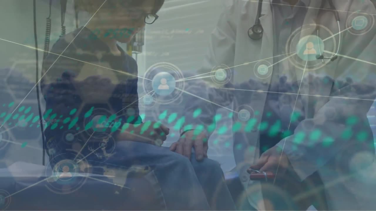 데이터 처리 및 연결 네트워크의 애니메이션: 소년과 함께 아시아 남성 의사