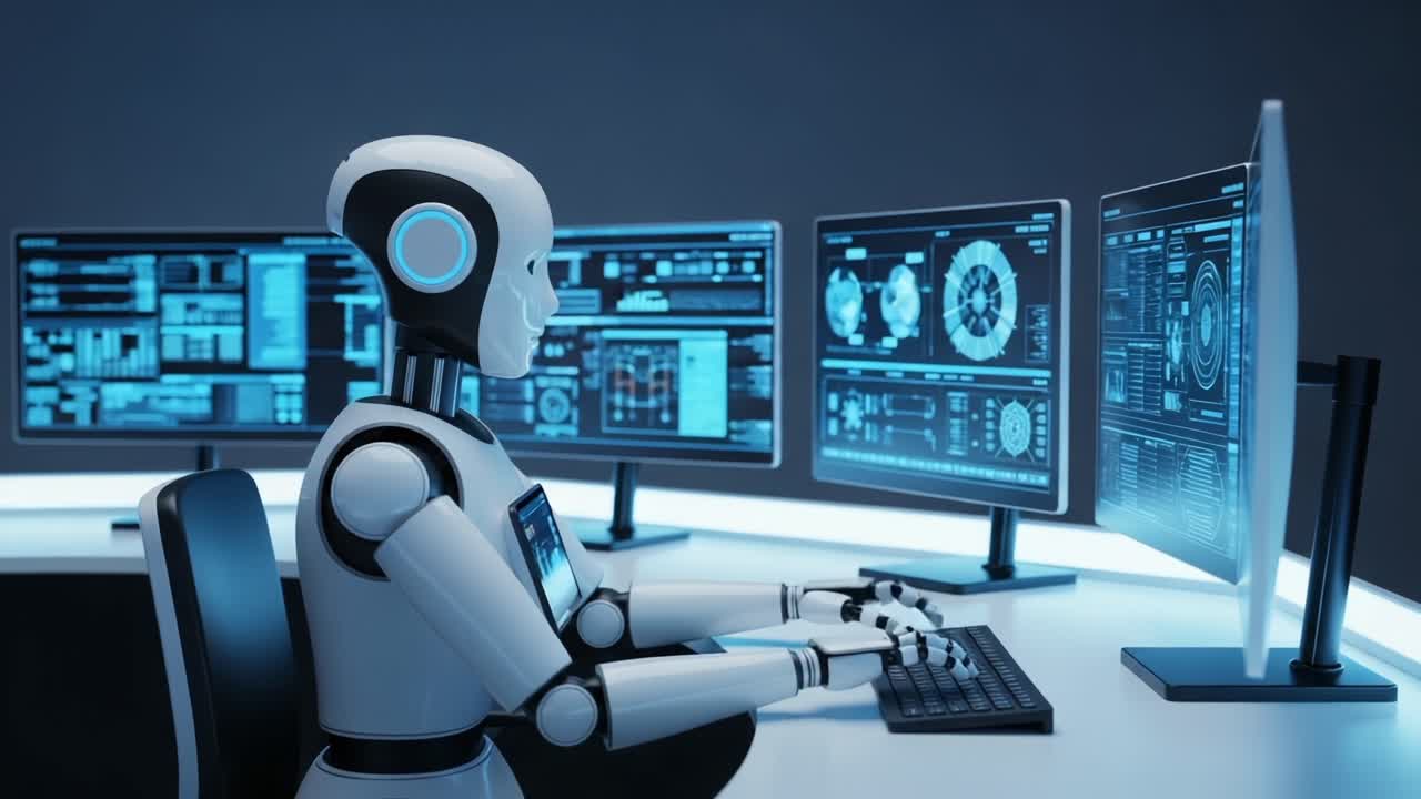 An advanced humanoid robot interfaces with multiple computer monitors, showcasing futuristic technology and artificial intelligence capabilities in a digital environment