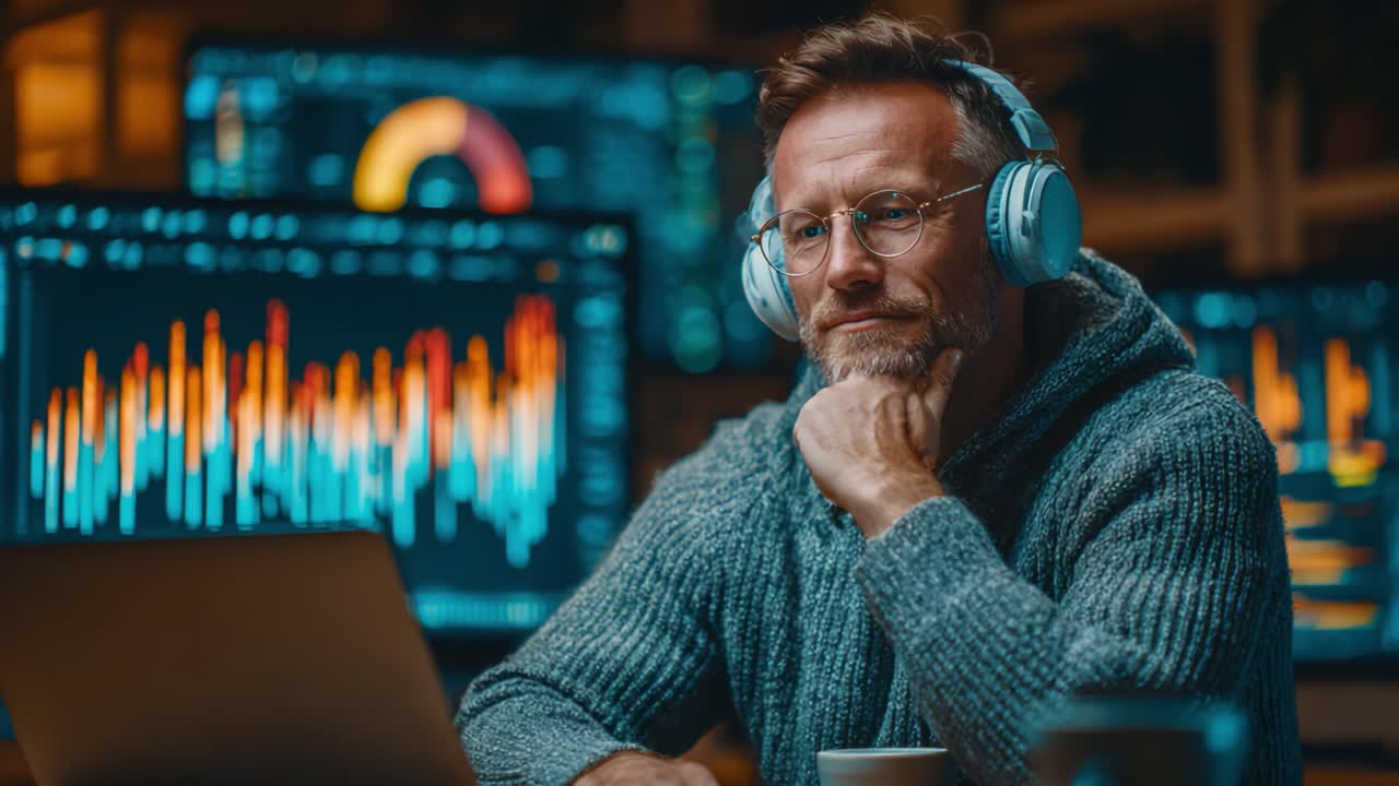 Focused Individual Analyzing Data with Headphones in a Cozy Workspace, Surrounded by Colorful Graphs and Visualizations on Computer Screens