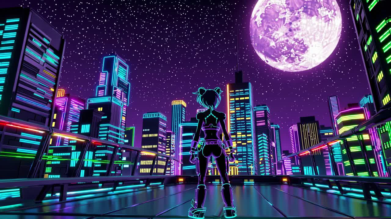 chica de anime cyberpunk en la ciudad de neón por la noche