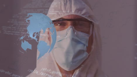 animation of globe and medical data processing over caucasian man in face mask and ppe suit