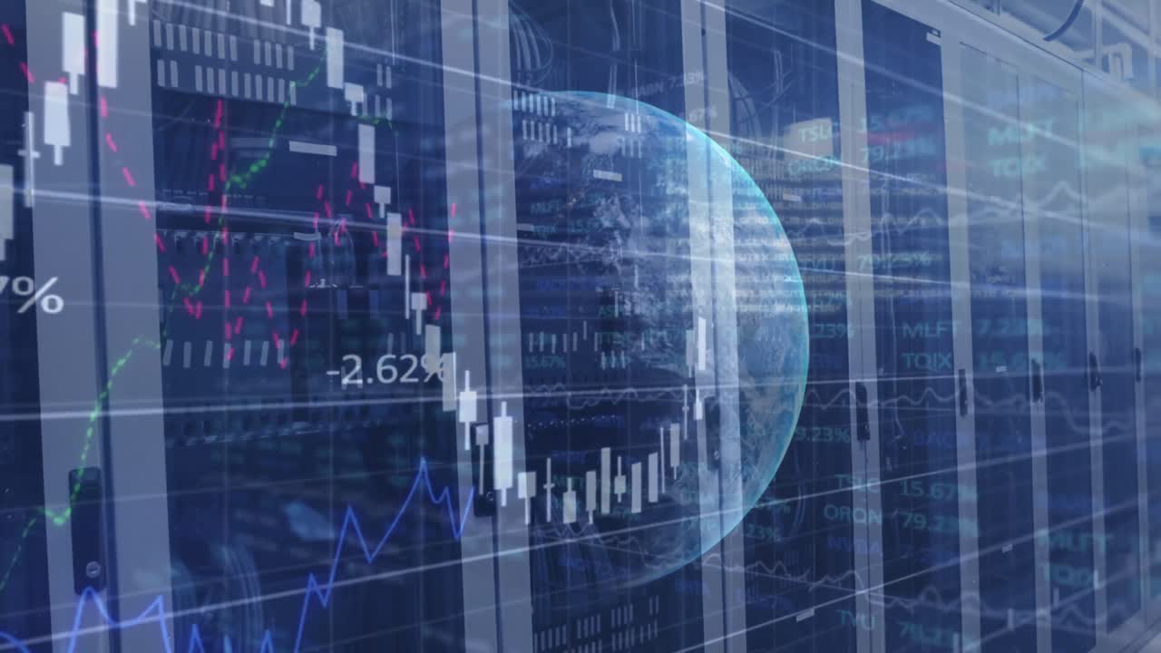 animación digital del procesamiento de datos financieros a través de un servidor informático contra un globo en el fondo