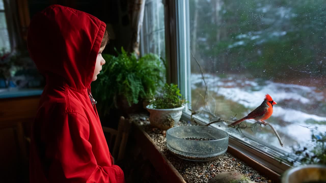 A Young Child in a Red Hoodie Observes a Vibrant Cardinal at the Window, Capturing a Moment of Connection with Nature Amidst a Serene, Snowy Landscape Outside