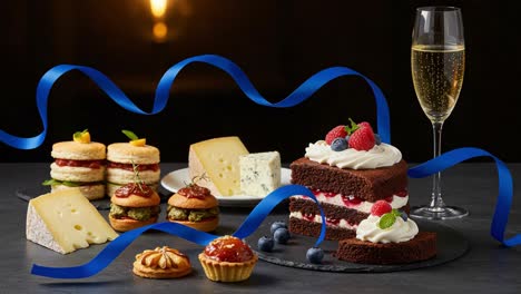a lavish display of exquisite desserts: indulge in a fine selection of cakes, pastries, cheeses, and celebratory bubbly with elegant blue accents