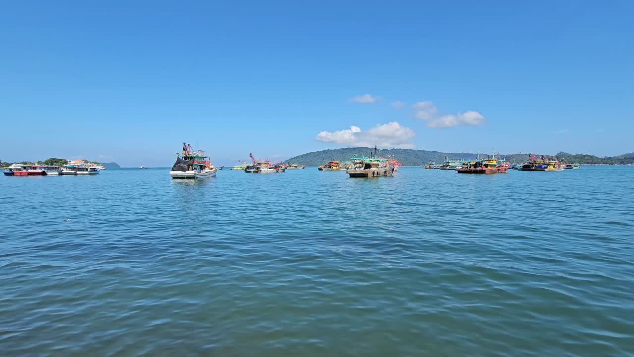 Boats On South China Sea In Kota Kinabalu, Sabah, Malaysia. wide static shot