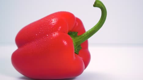 red fresh sweet bell pepper rotates on a white background, covered by small water drops, healthy food, concept, closeup shot camera rotate right