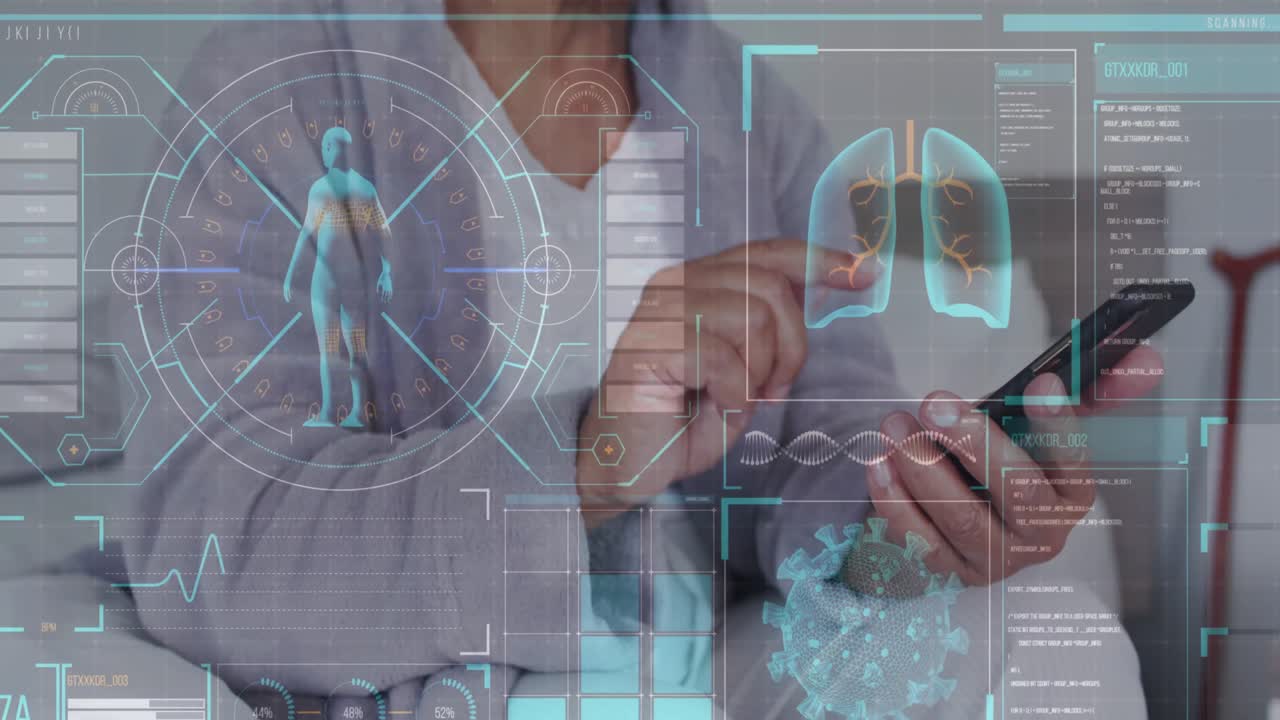 코로나 19 세포의 애니메이션과 스마트폰을 사용하는 고령 여성에 대한 의료 데이터와 통계