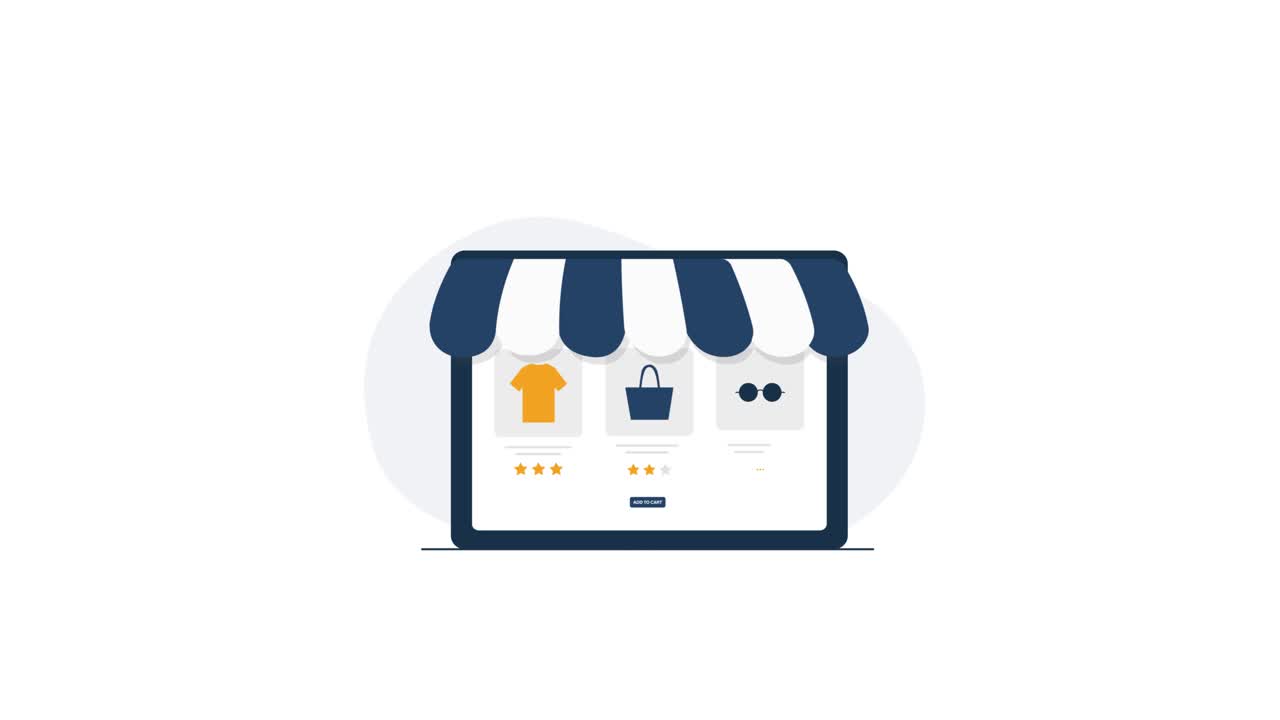 Interfaccia animata di negozio online che mostra prodotti e icone per lo shopping