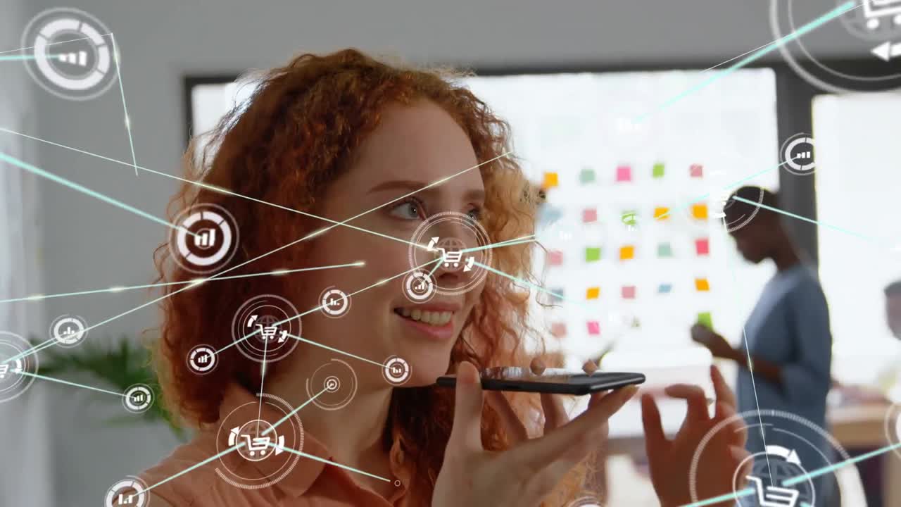 Animation of network of connections over diverse business people in office