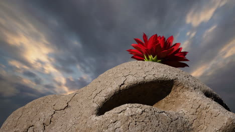 vibrant red flower atop a textured rock with dramatic clouds