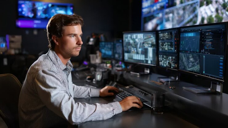 Focused Professional Analyzing Data on Multiple Monitors in a High-Tech Control Room Setting, Engaged in Complex Decision-Making and Surveillance Operations While Utilizing Advanced Technology Tools