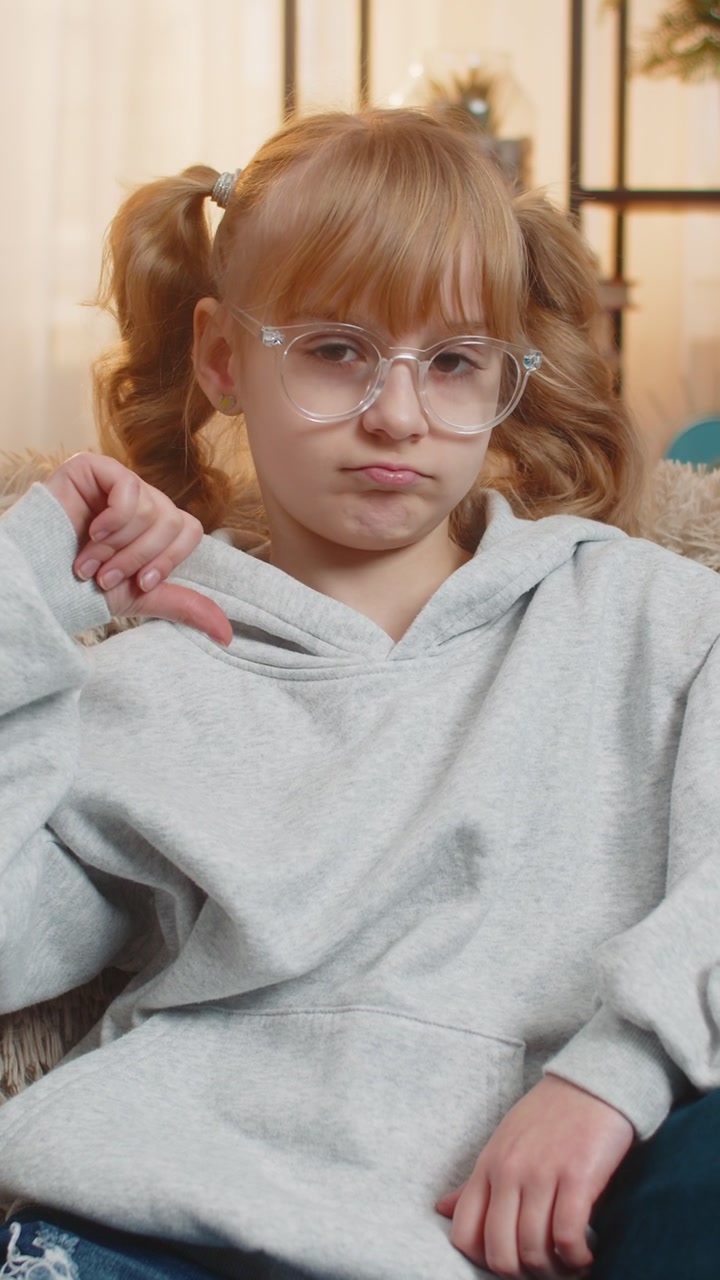 Young teenager girl showing thumbs down unhappy expression expressing disagreement indoors at home