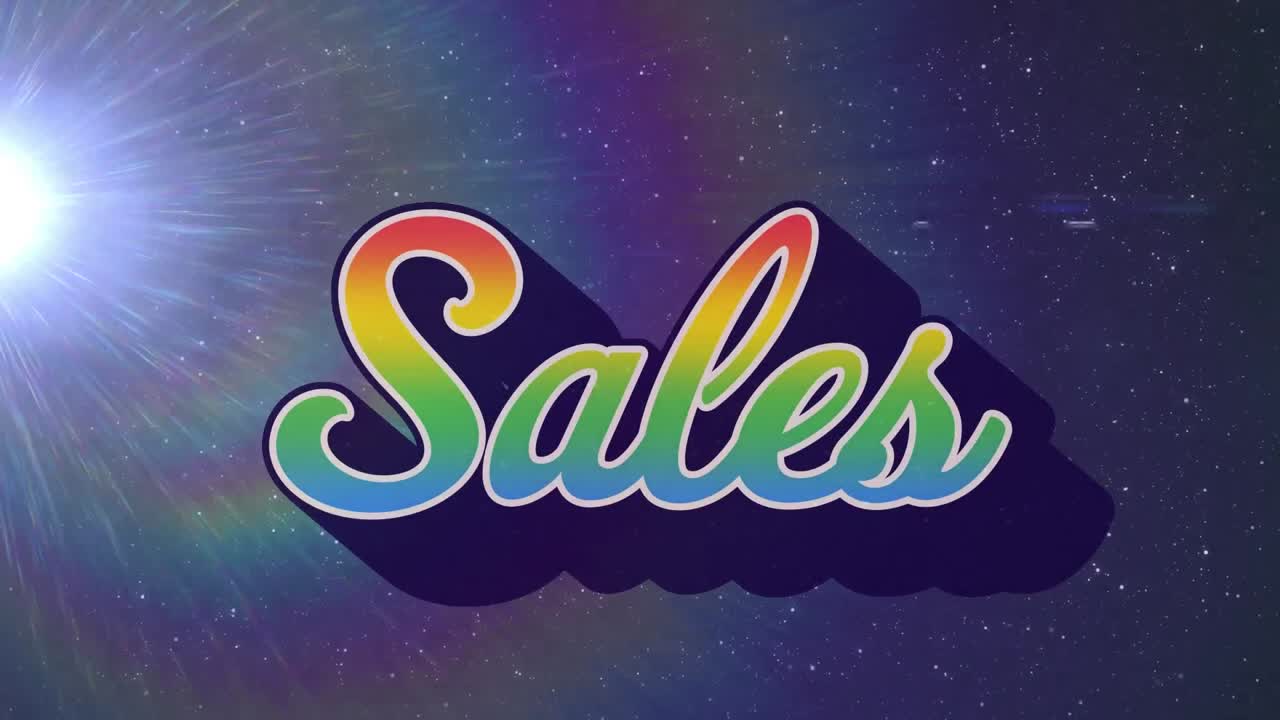 animación de las ventas retro texto arco iris sobre punto brillante de luz sobre fondo azul