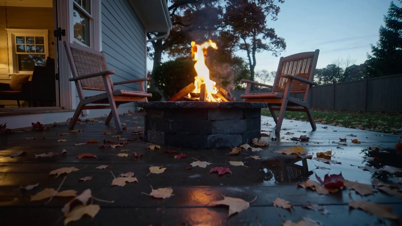 Camera moving forward showing stone fire pit flame growing on deck with leaves, puddles reflecting