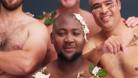 Flowers,-smile-and-diversity-with-face-of-men