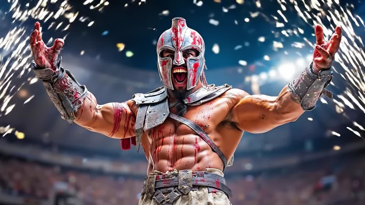 A man dressed as a spartan with blood on his face and arms outstretched