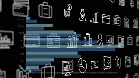 animation of financial icons and graphs on black background