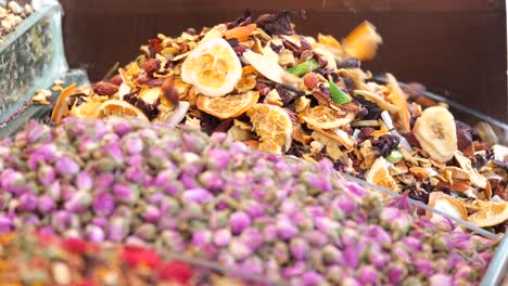 dried fruits and spices display at a market