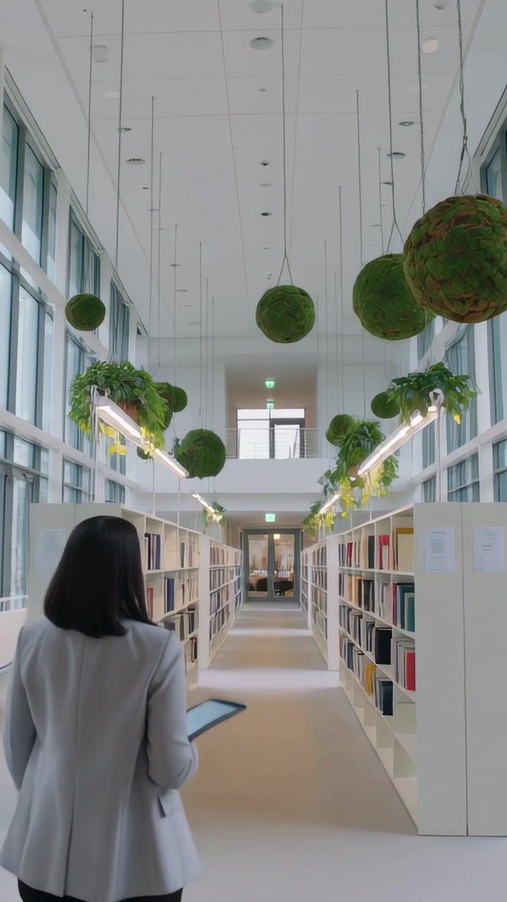 Video verticale: Una donna in blazer cammina lungo il corridoio di una biblioteca, consultando un tablet per trovare libri.