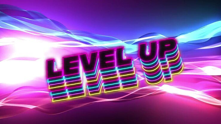 Animation of level up texts over multicolored wave patterns in background