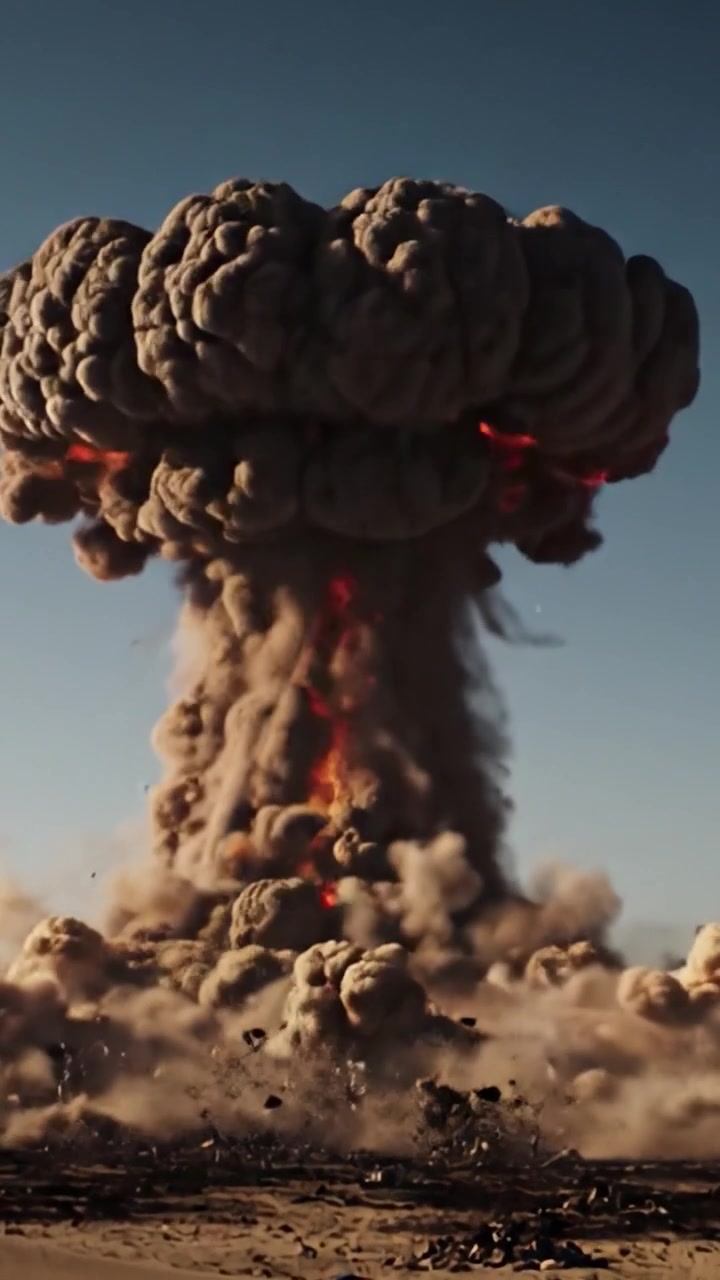 Eine atemberaubende visuelle Darstellung einer kontrollierten Explosion, die die Entstehung einer Pilzwolke in einer Wüstenlandschaft einfängt und Kraft und Zerstörung hervorruft.