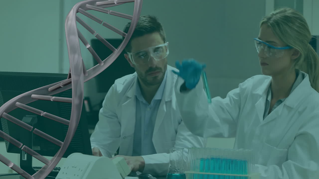 animación de cadenas de adn y procesamiento de datos en diversos científicos en el laboratorio