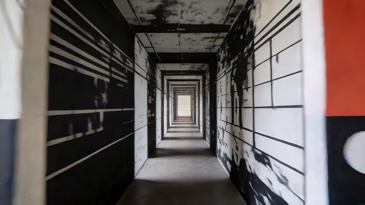 Approaching camera entering gallery entry, revealing receding frames and silhouettes showing depth