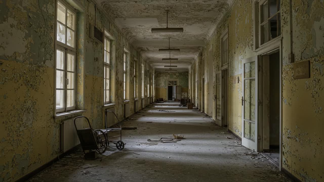 Exploring the Haunting Remains of an Abandoned Corridor with Weathered Walls and Forgotten Objects Captured in Two Frames of Eerie Beauty