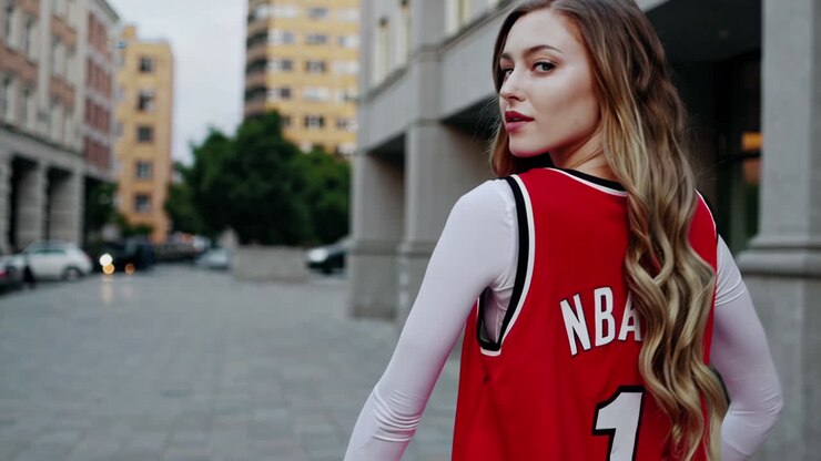 Giovane donna in maglia rossa in posa in una strada cittadina