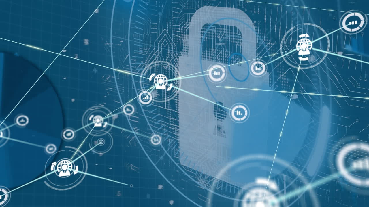 Animation of network of connections with icons over padlock on blue background
