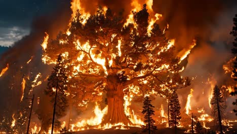 a large tree is engulfed by flames in the middle of a forest