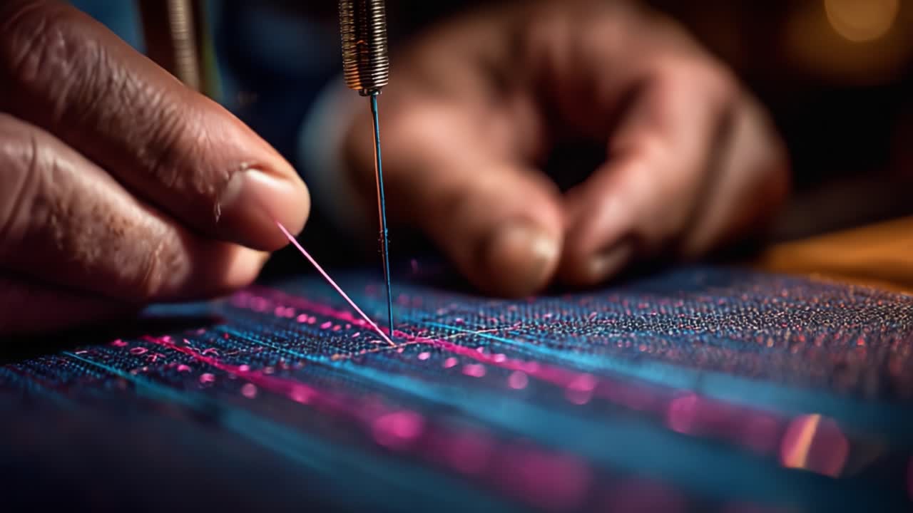 Primo piano dettagliato di mani esperte che cuciono fili colorati nel tessuto, mettendo in evidenza precisione e maestria nell'arte tessile.