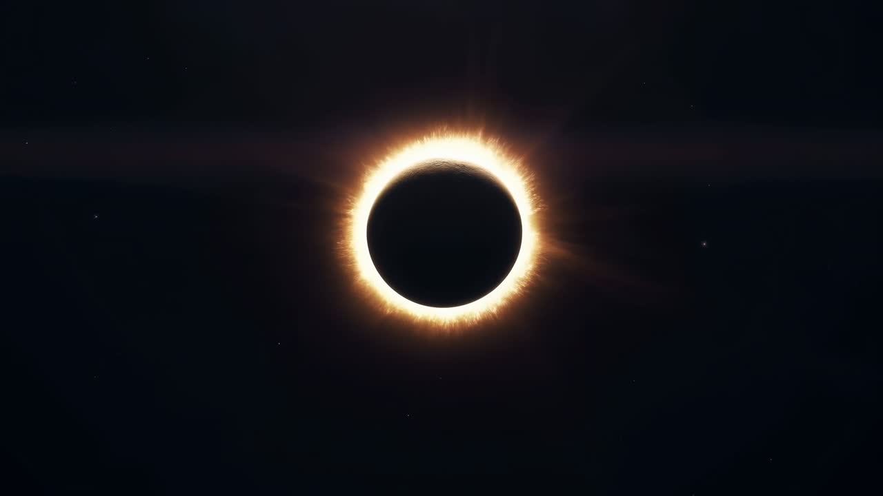Eclipse solar total mostra coroa brilhante e disco lunar preto, halo ardente pulsa ao redor do sol obscurecido, sutil