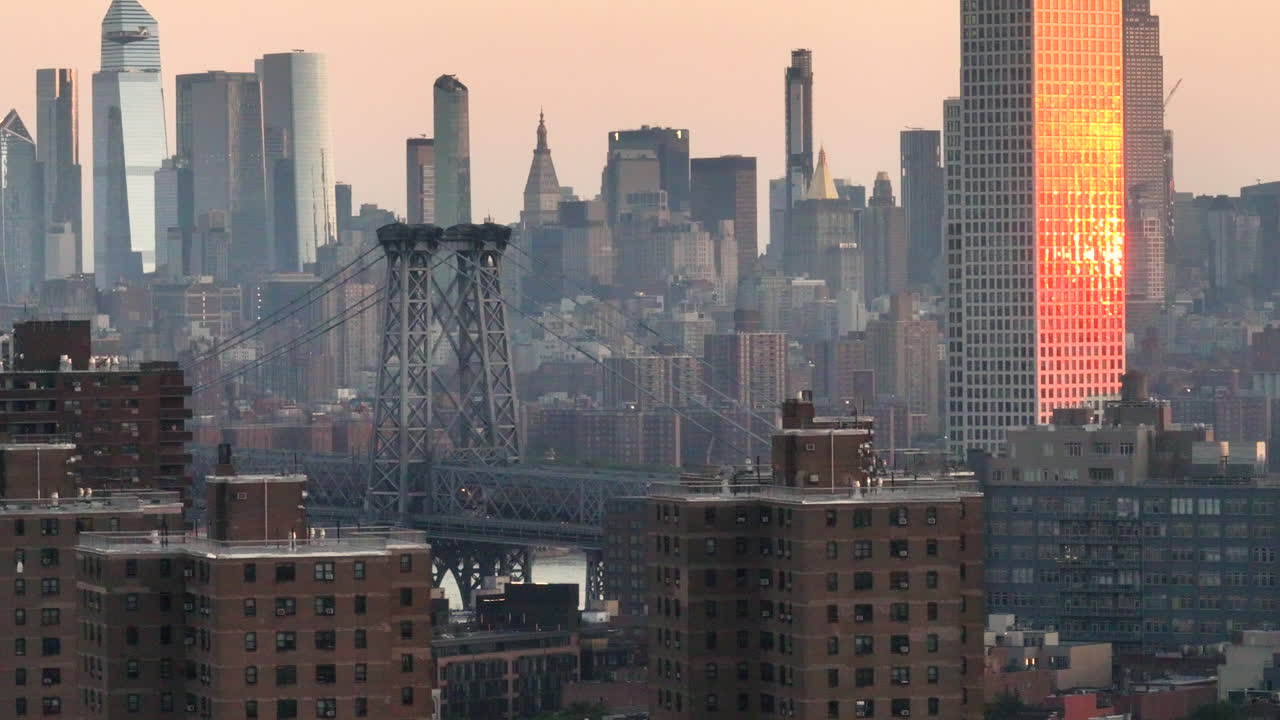 Aerial view of New York City at sunrise. Shot in Brooklyn