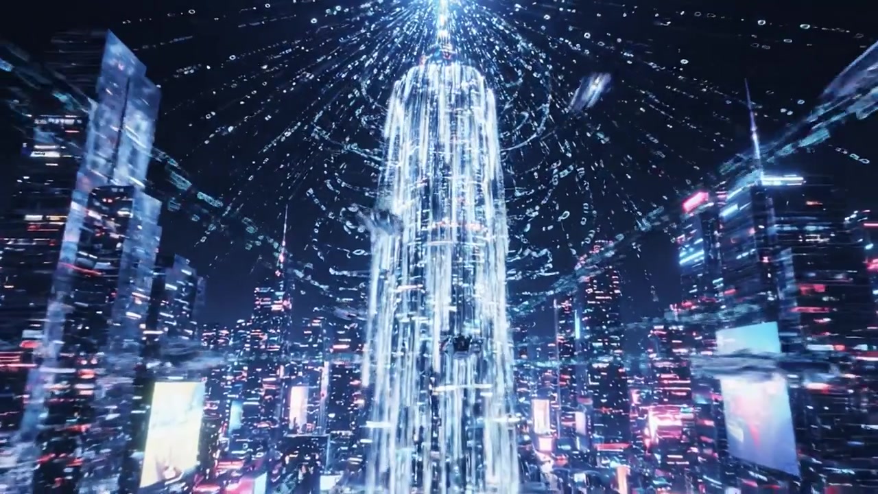 A vibrant and futuristic cityscape illuminated at night, showcasing towering skyscrapers, dazzling digital displays, and a mesmerizing light show that captivates the urban environment.