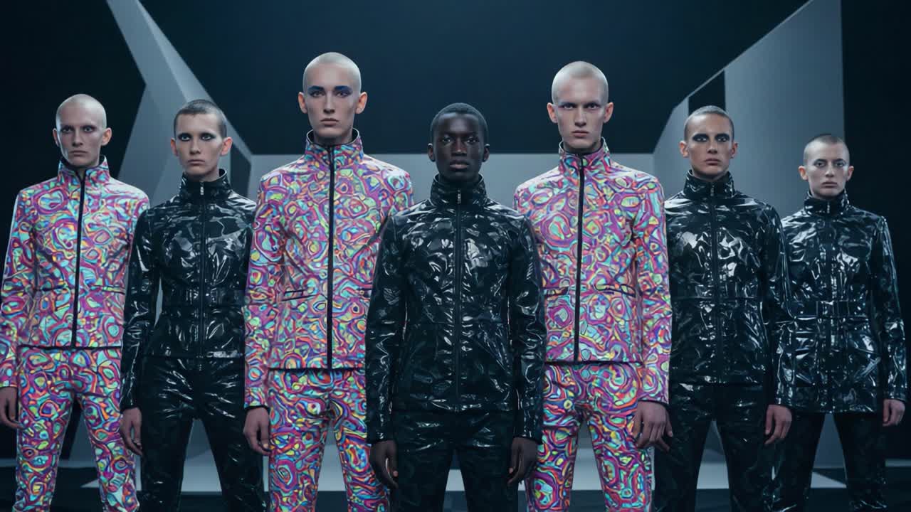 A striking fashion showcase featuring a diverse group of models dressed in bold, colorful outfits, standing confidently against a modern geometric backdrop, highlighting contemporary styles