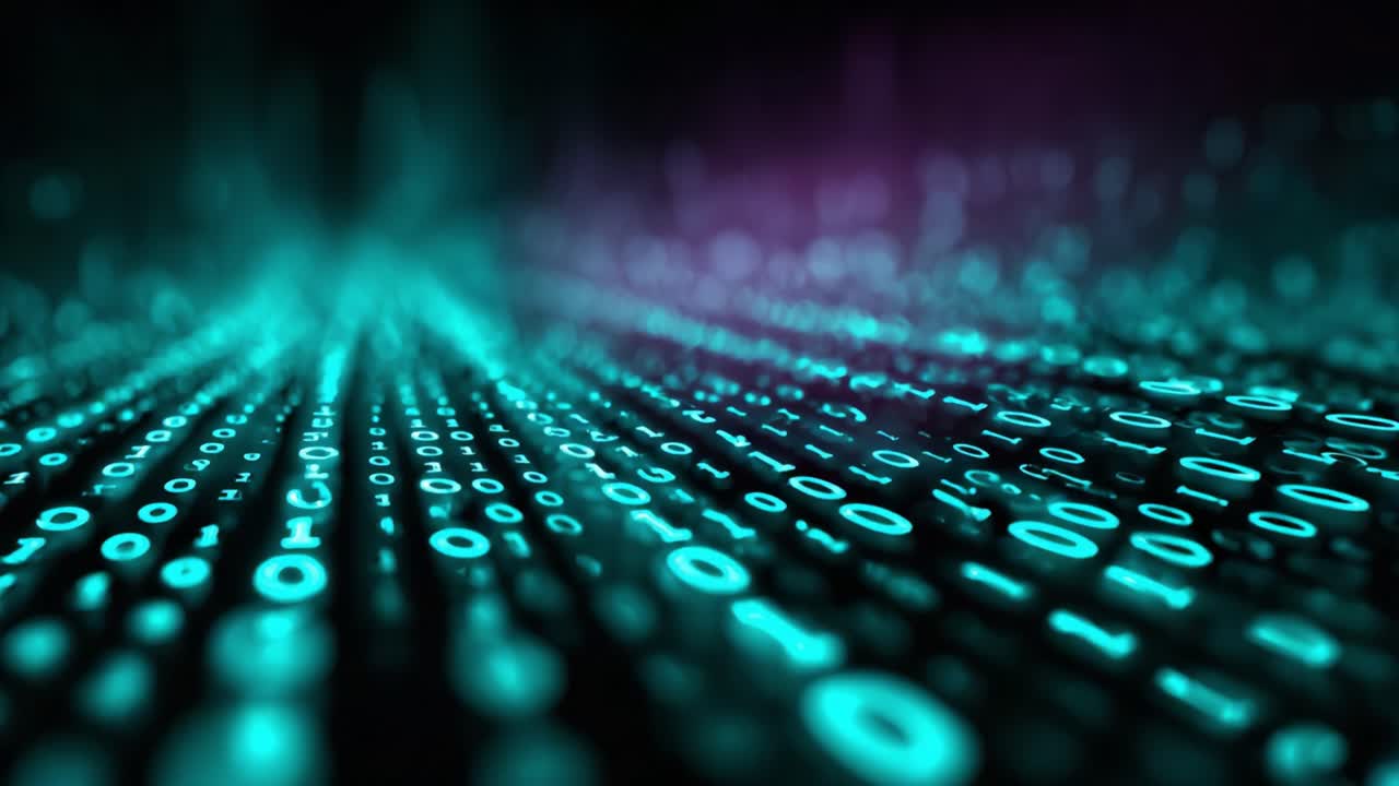 Vibrant Digital Matrix: A Glimpse into the Infinite World of Binary Data with Floating Numbers and Dazzling Lights, Representing Modern Technology's Core Foundations