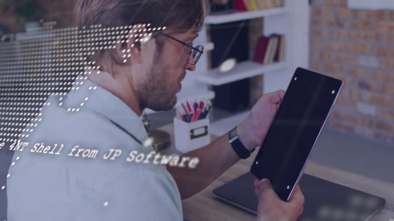 Animation of data processing over man using tablet