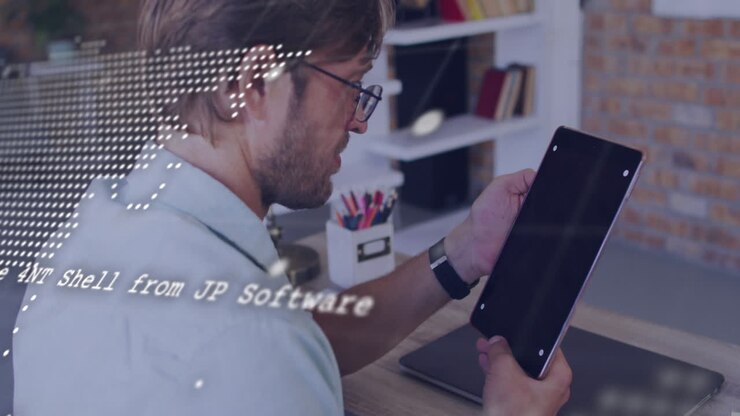 Animation af databehandling over en mand, der bruger en tablet
