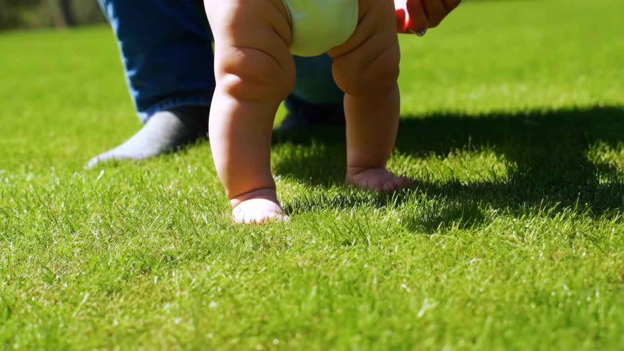 Baby's First Steps on Green Grass with Parent's Support