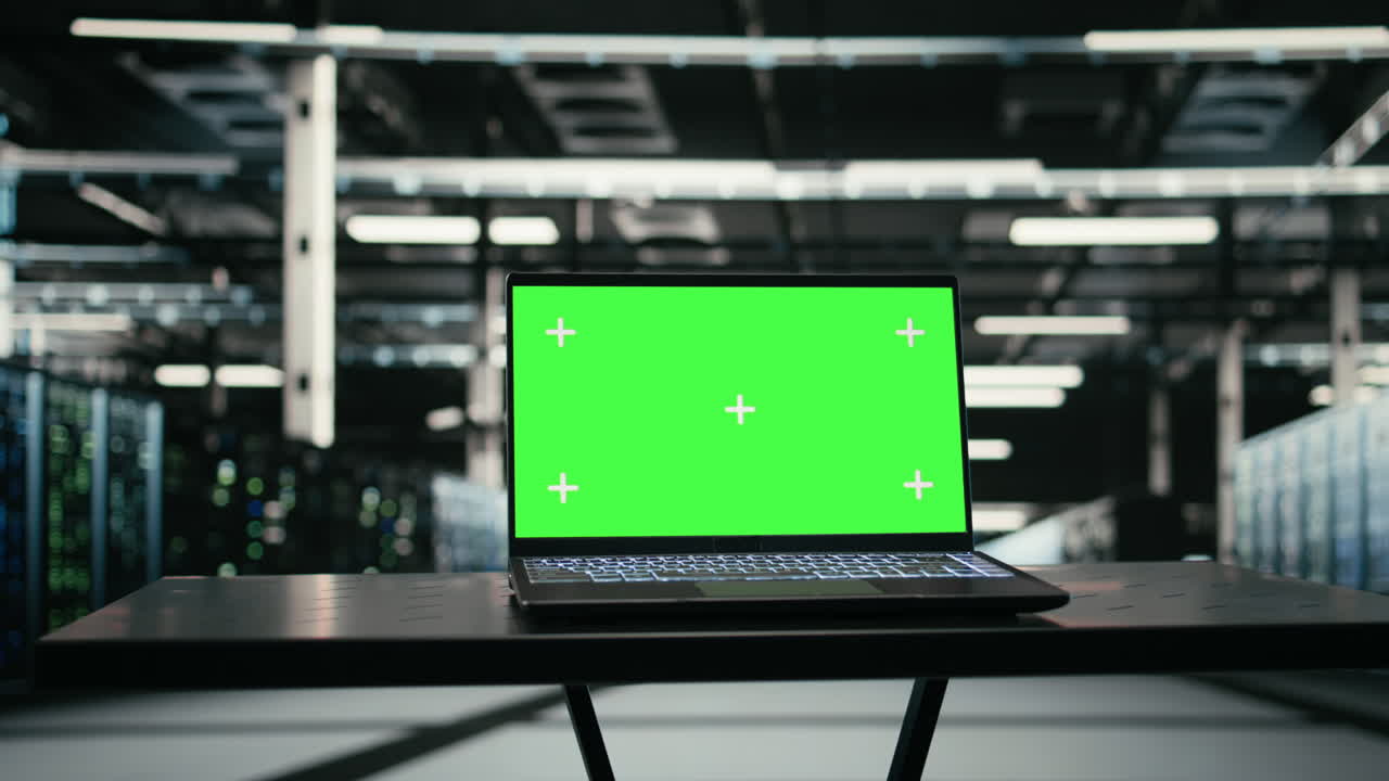 Laptop with Green Screen Display in a Modern Server Room