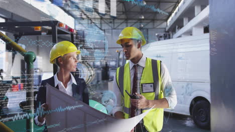 engineers in hard hats discussing plans with data processing animation overlay