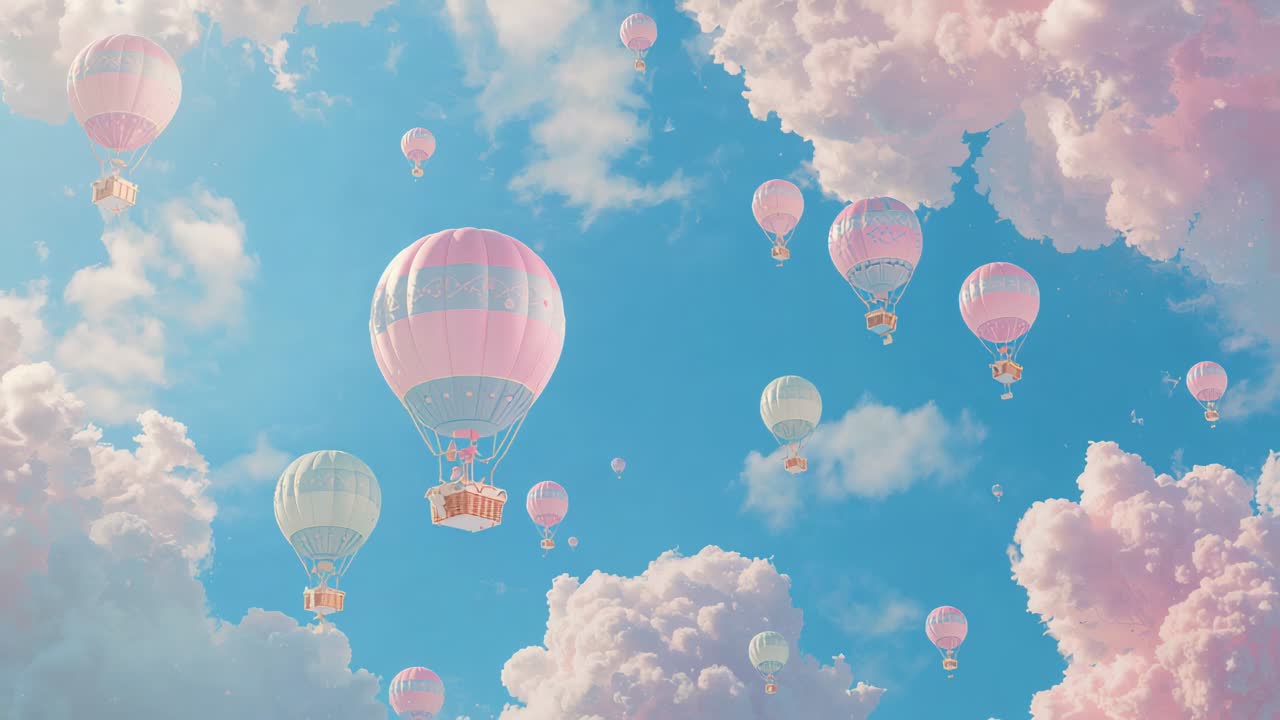Pembe bulutlarla dolu, masmavi gökyüzünde hafif rüzgarla hareket eden pastel renkli sıcak hava balonları