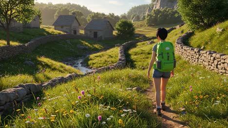 a scenic journey through a picturesque village landscape: a hiker explores nature’s beauty with a vibrant green backpack amidst flower-filled meadows